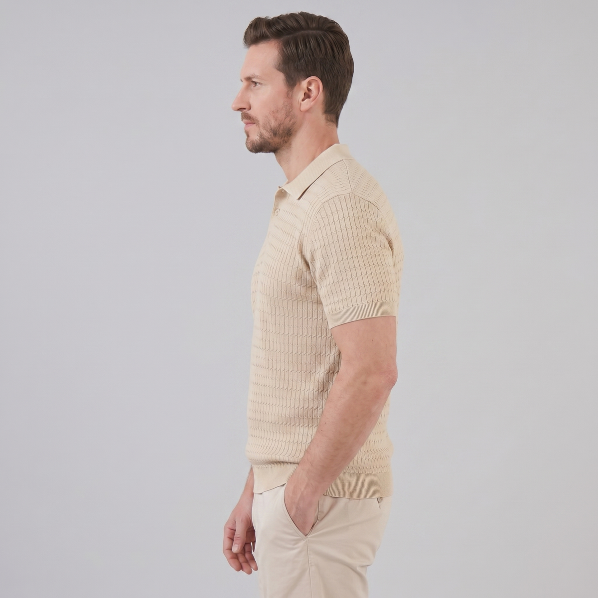 Back view of cable knit polo shirt