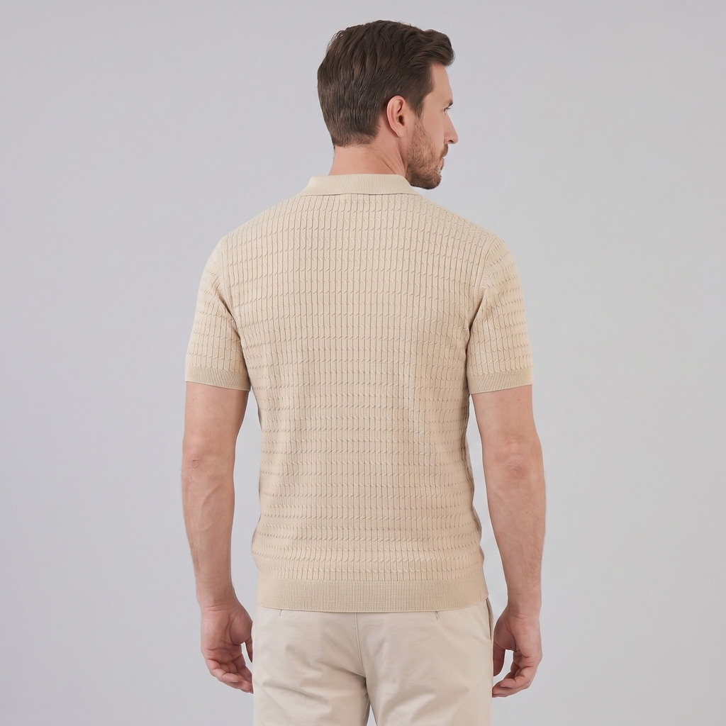 Close-up of knit collar and button placket