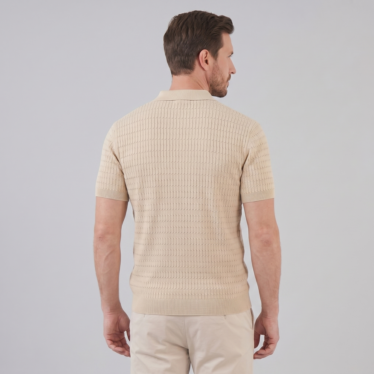 Close-up of knit collar and button placket