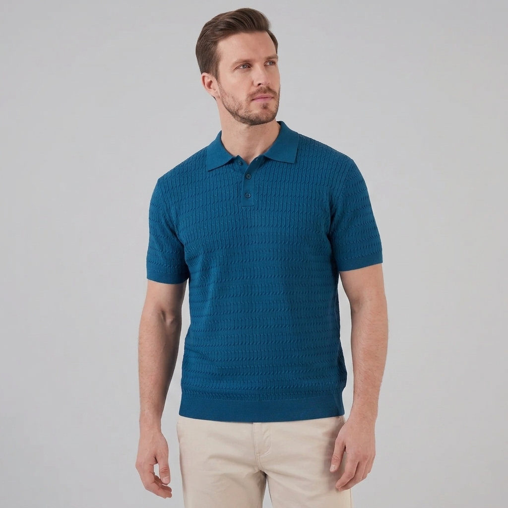 Full body view of polo shirt outfit
