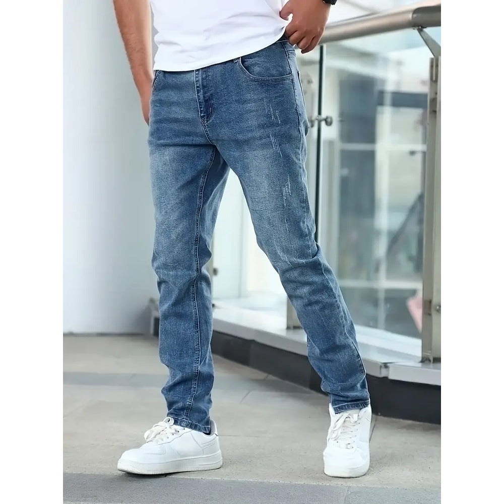 Men's distressed denim jeans front view