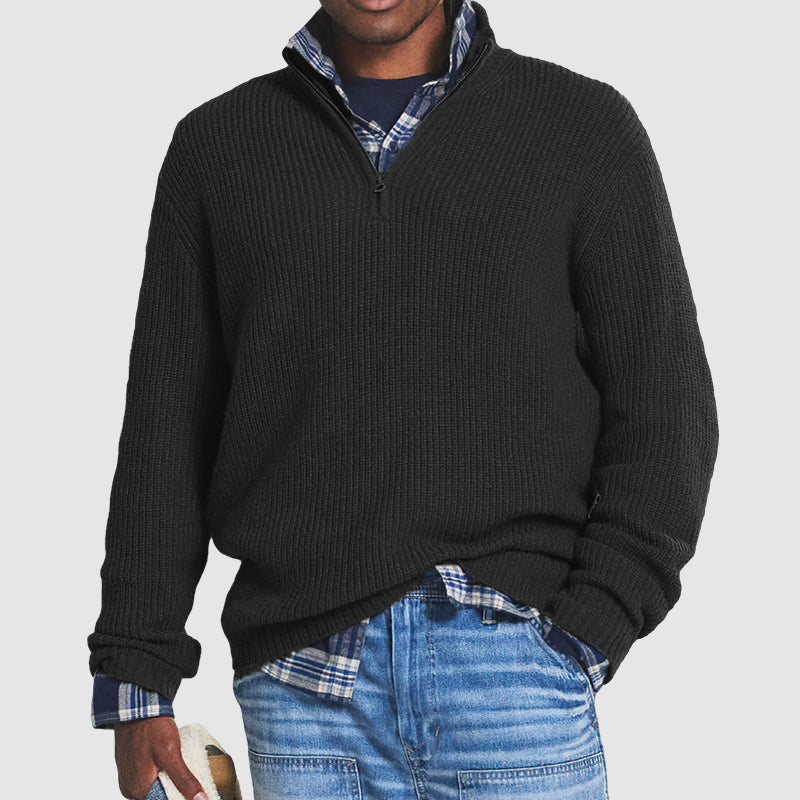 Men's half-zip knit sweater close-up of zip detail