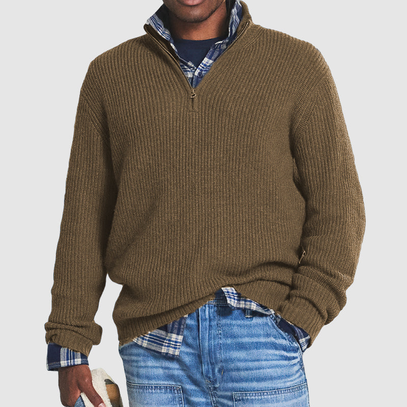 Men's half-zip knit sweater fabric texture close-up