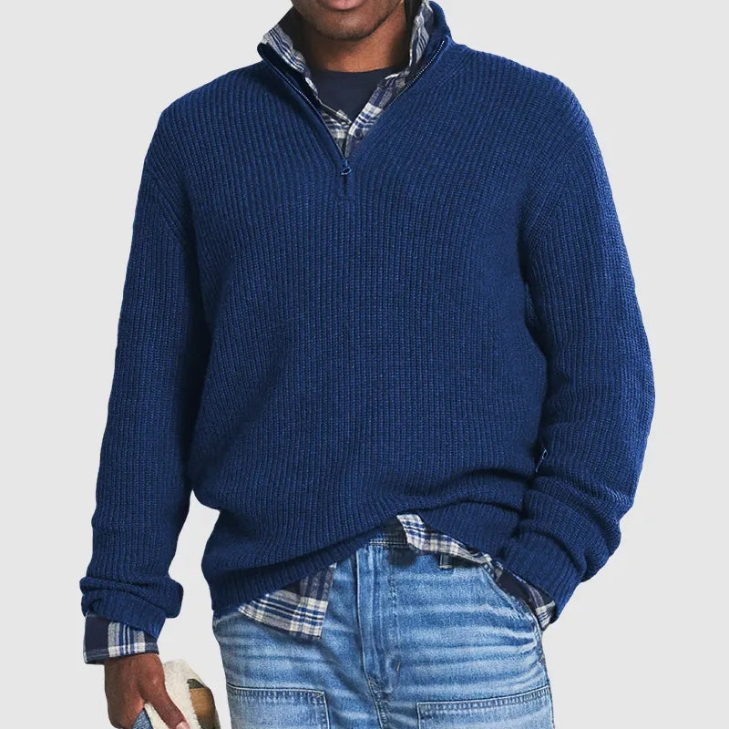 Men's half-zip knit sweater styled with jeans