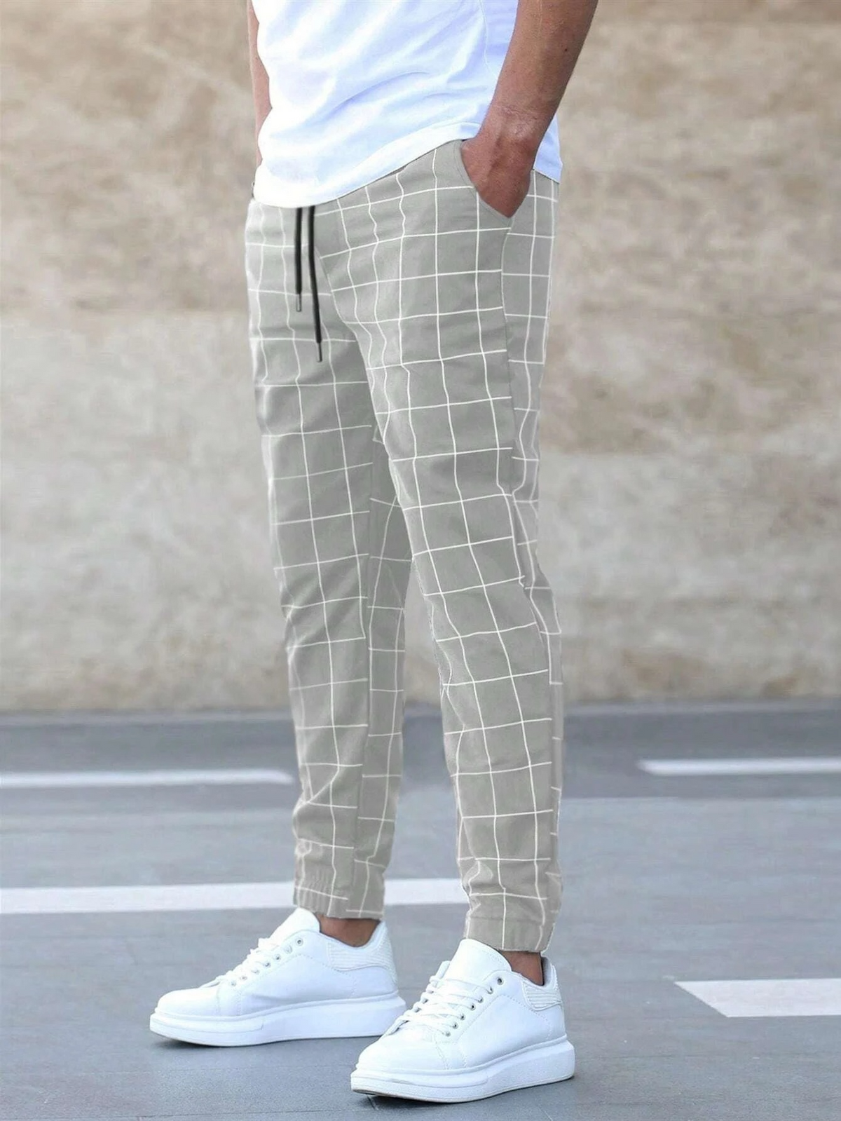 Close-up of checked trouser fabric texture