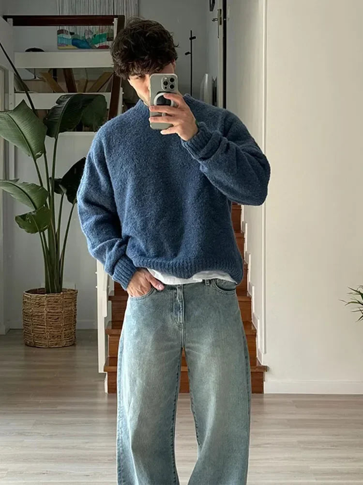 Blue crew neck jumper back view