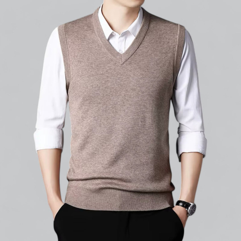 Men's knitted V-neck gilet front view