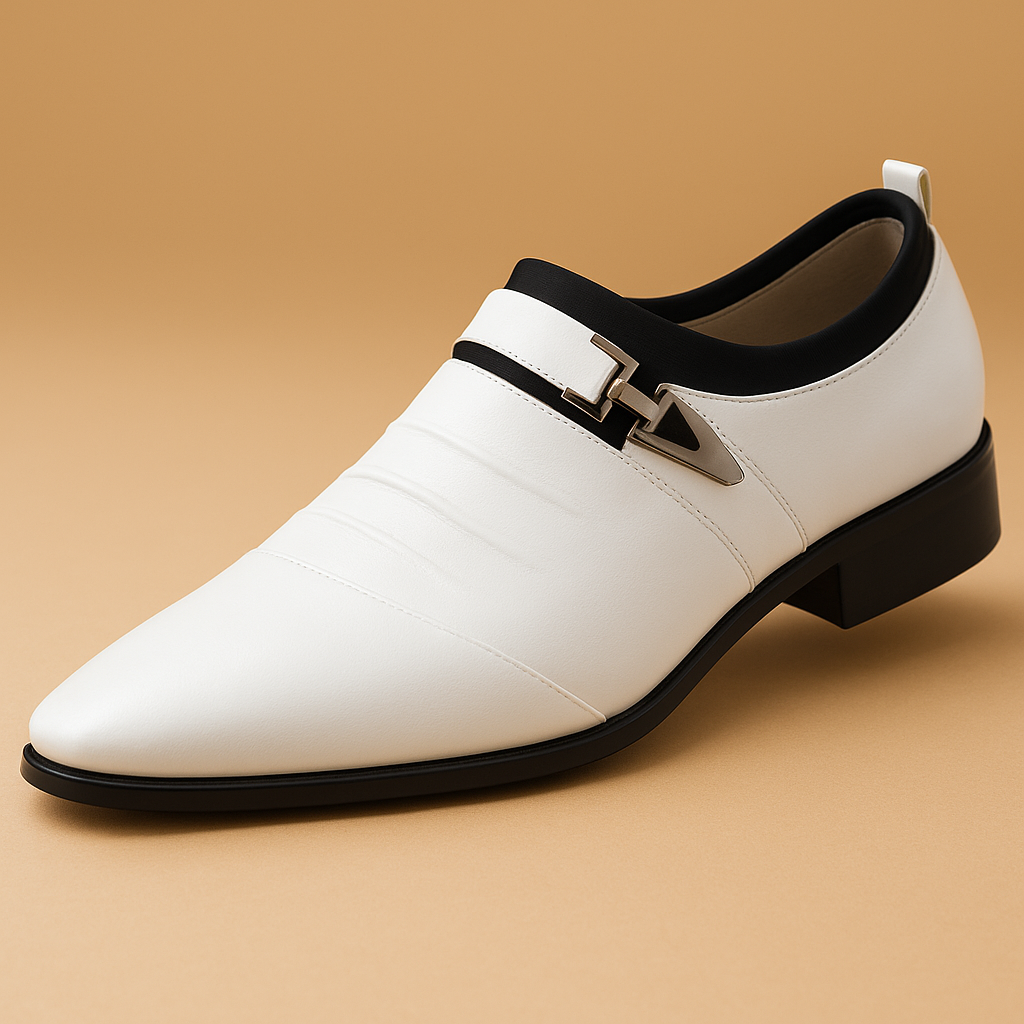 White pointed toe business shoes on display