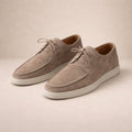 Beige suede loafers front view