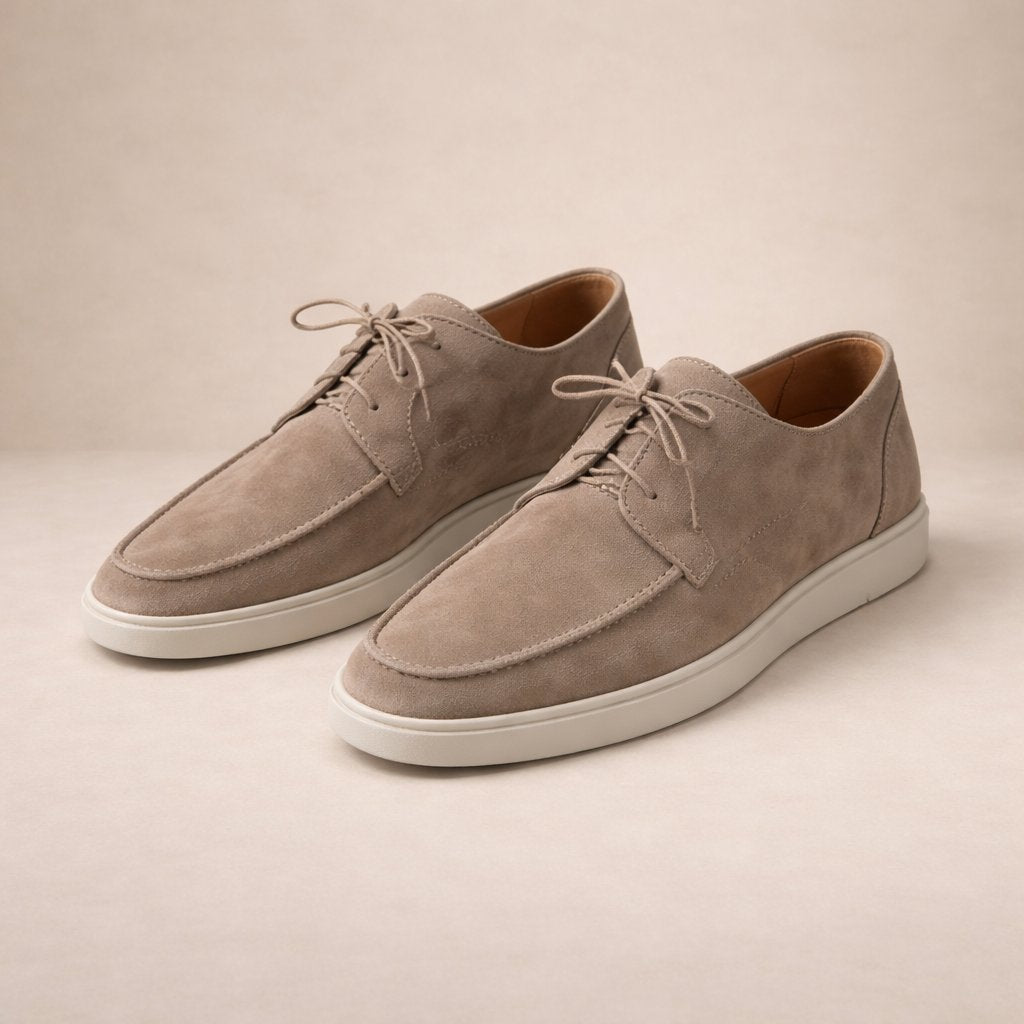 Beige suede loafers front view