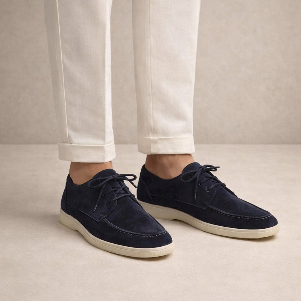 Suede loafers on model