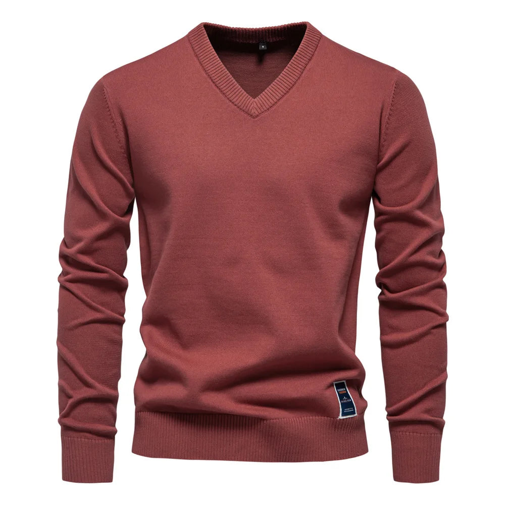 Men's V-neck knit jumper close-up detail