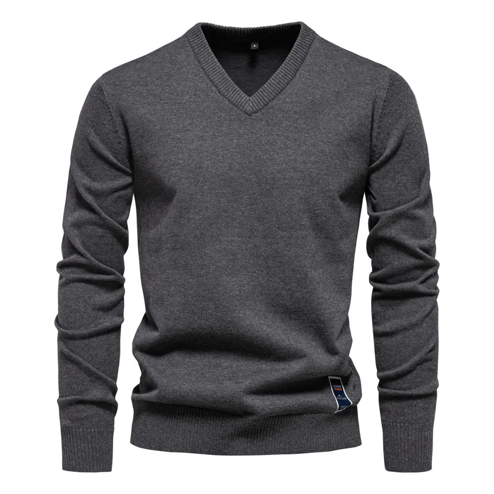 Men's V-neck knit jumper worn on model