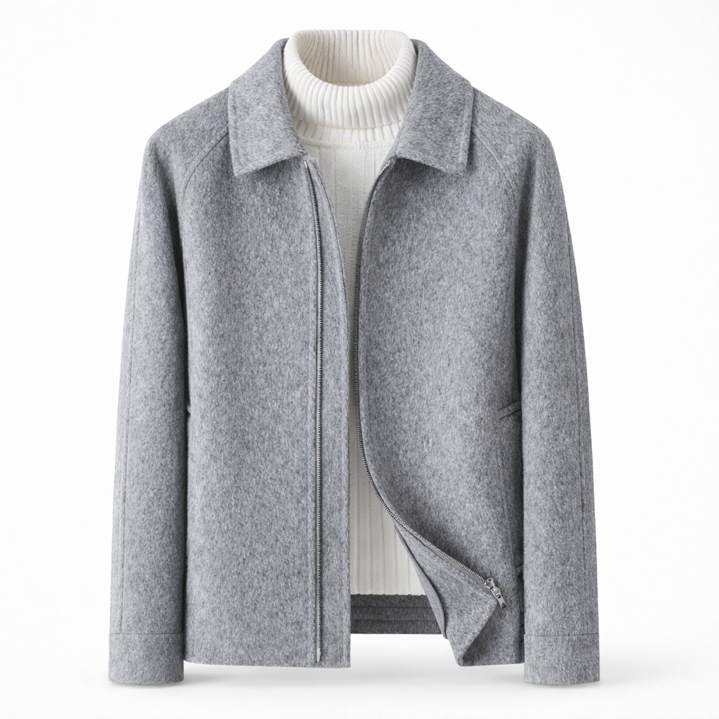 Coat styled with turtleneck