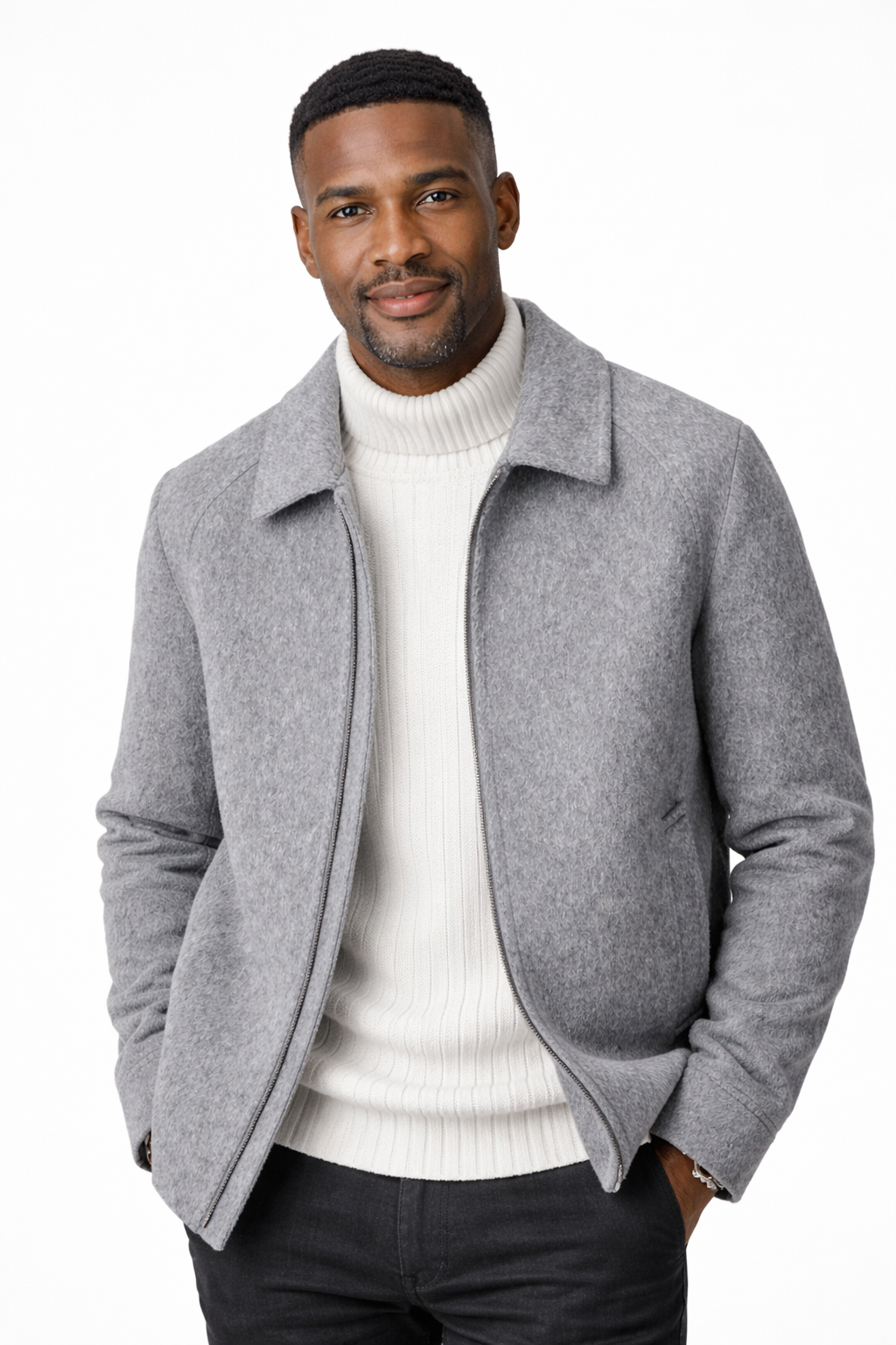 Model wearing wool-blend coat outdoors