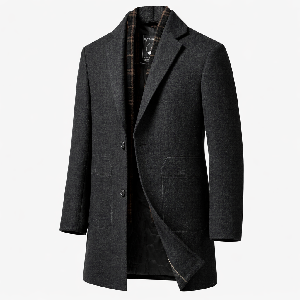 Wool blend overcoat lapel detail