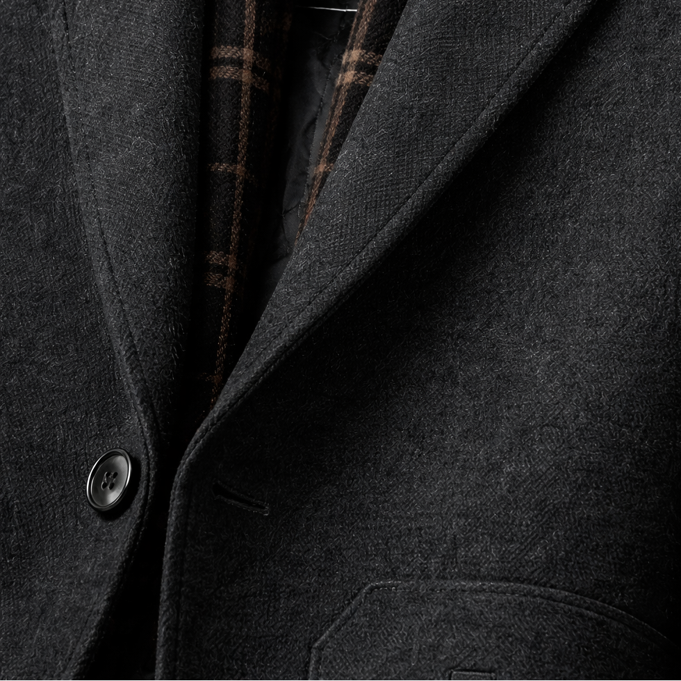 Wool blend overcoat button closure close-up