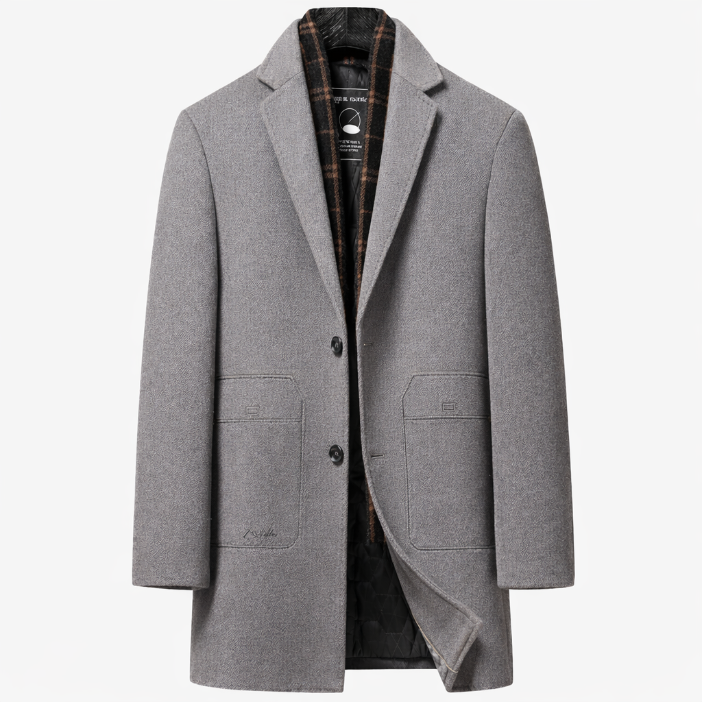Model wearing wool blend overcoat
