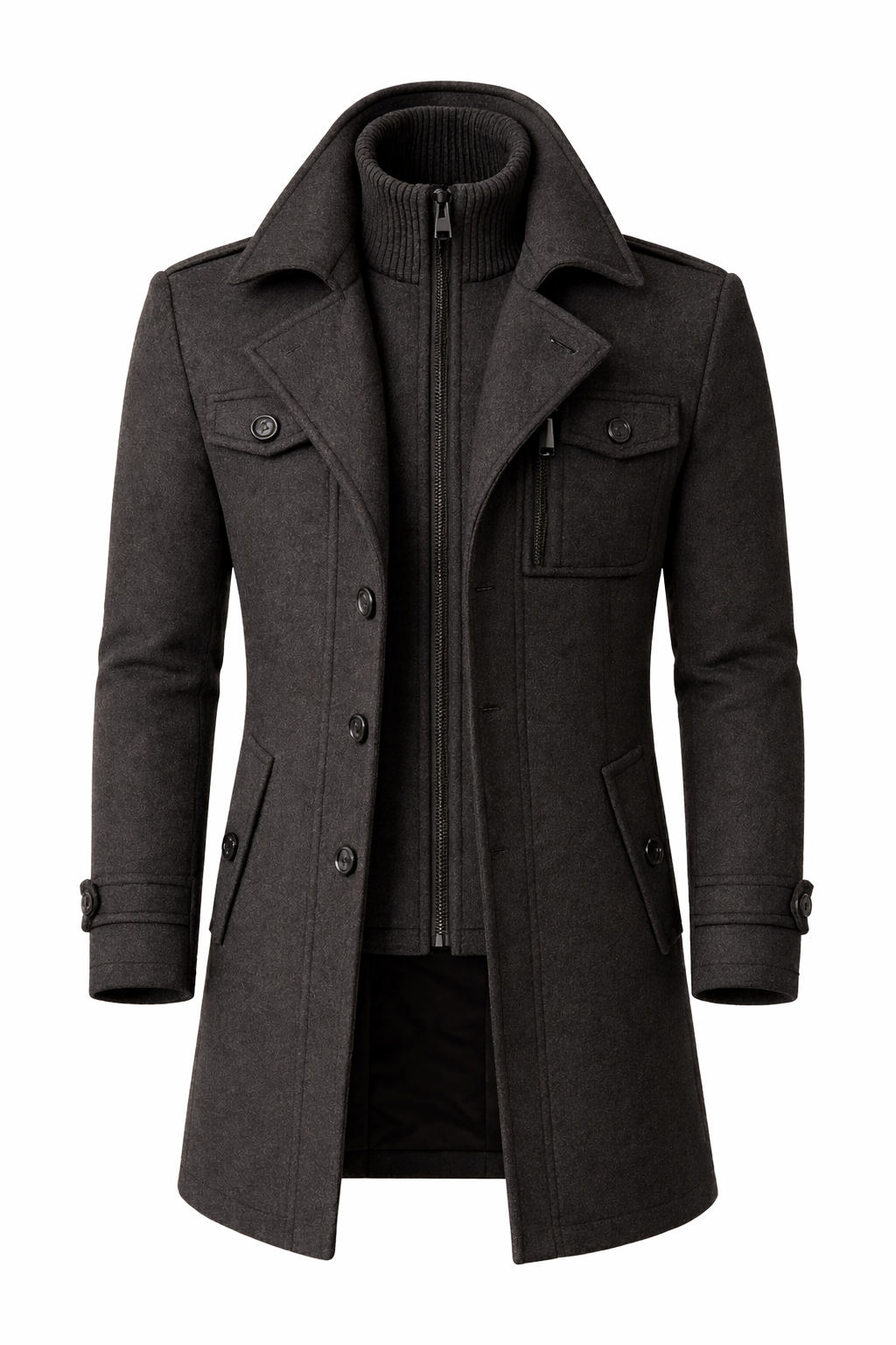 Men's grey wool blend overcoat front view