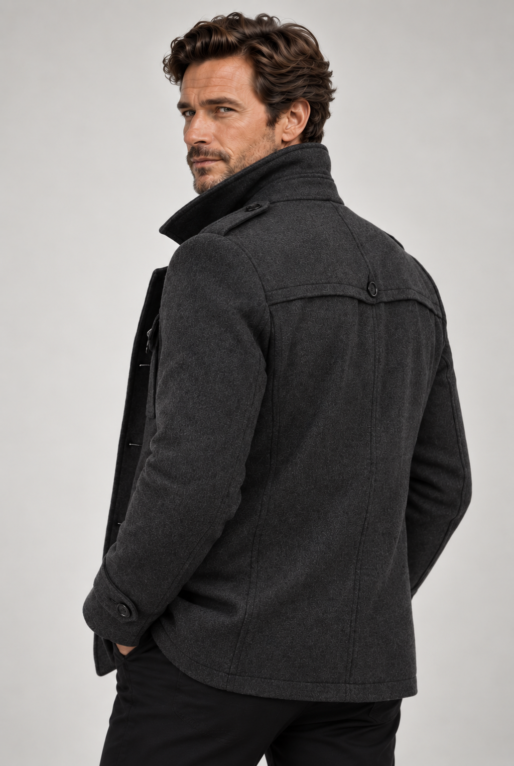 Men's wool overcoat worn with knitwear