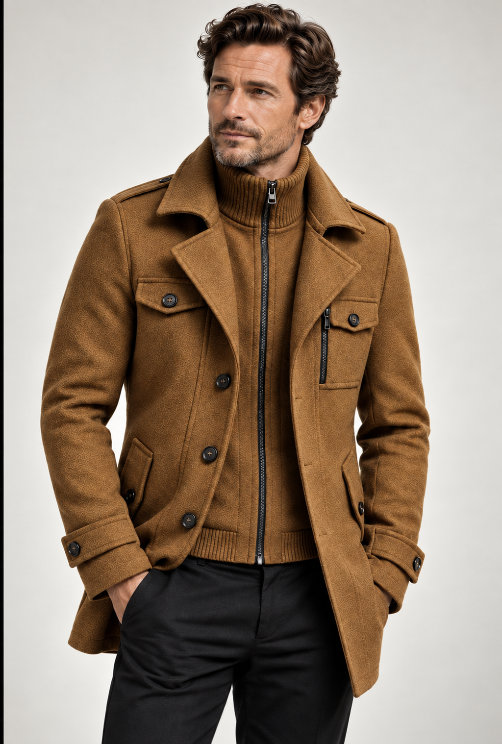 Men's overcoat pocket detail close-up