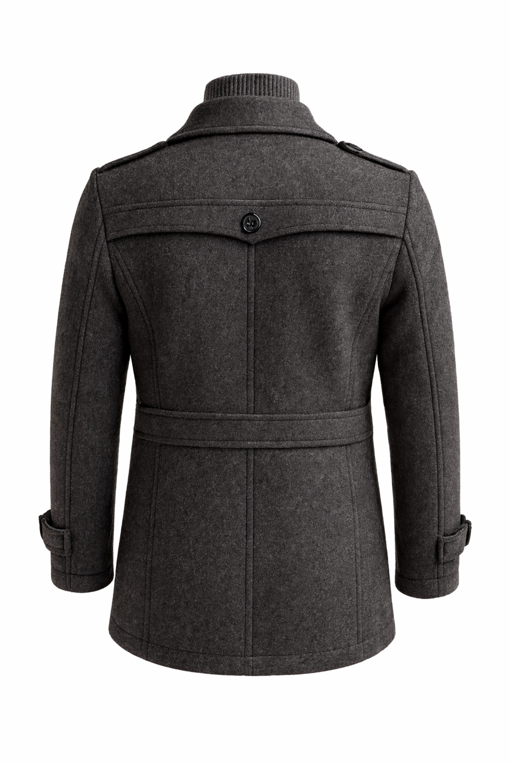 Men's black wool overcoat front view