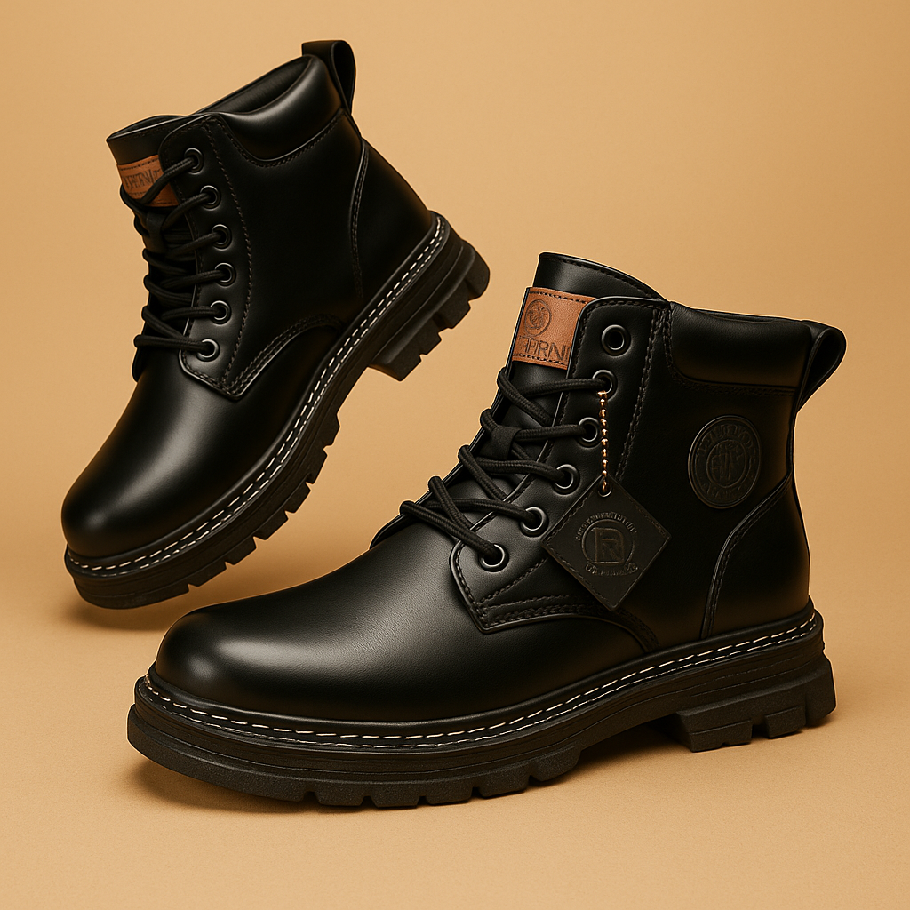 Black high-top men's dress shoe side view