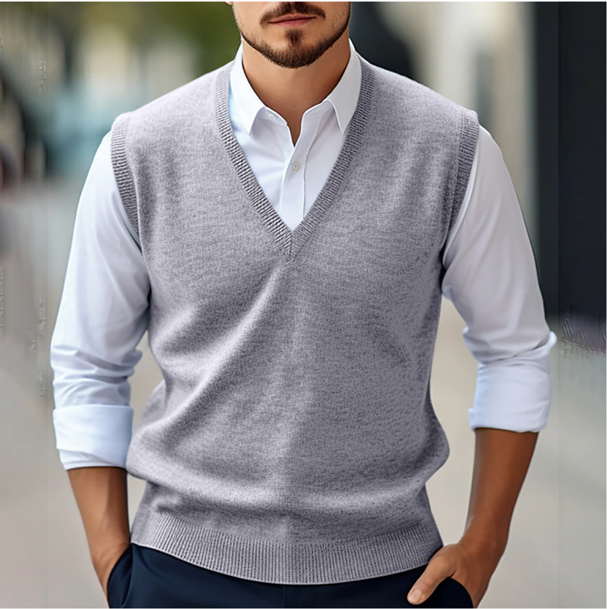 Men's sleeveless jumper styled over a shirt