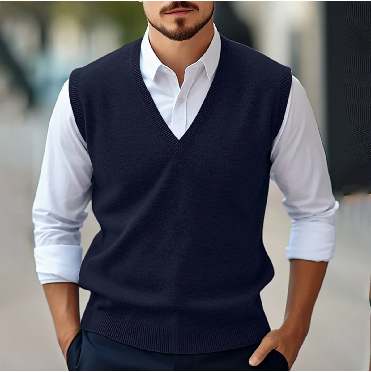 Close-up of knitted V-neck jumper texture