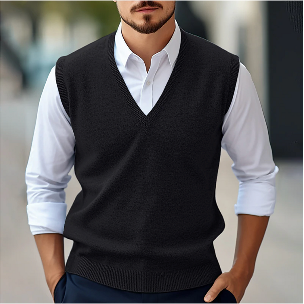 Men's knitted sleeveless jumper styling detail