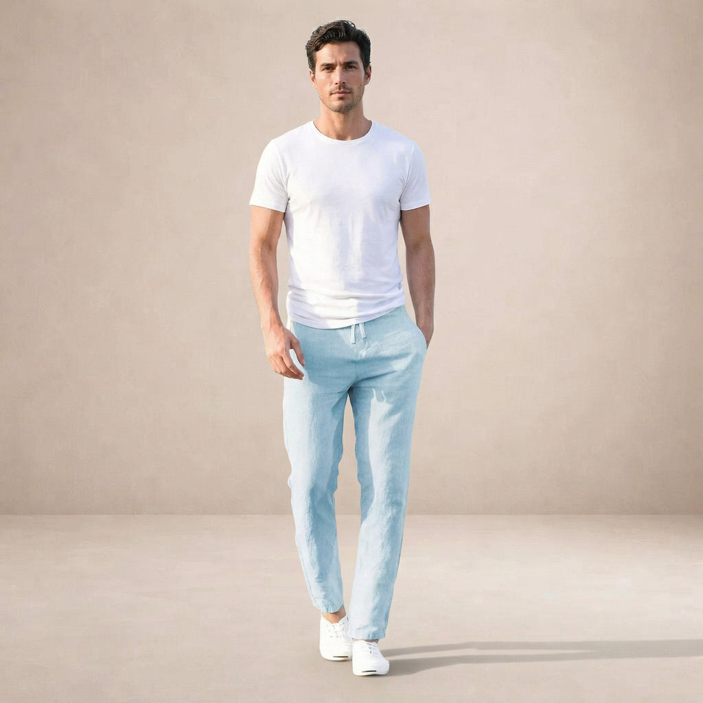 Linen blend trousers folded flat lay