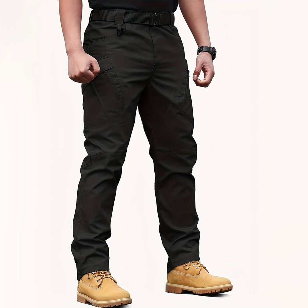 Trousers styled with t-shirt and boots