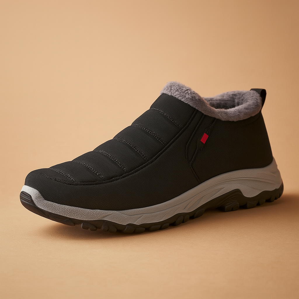 Black plush-lined slip-on winter shoe front view