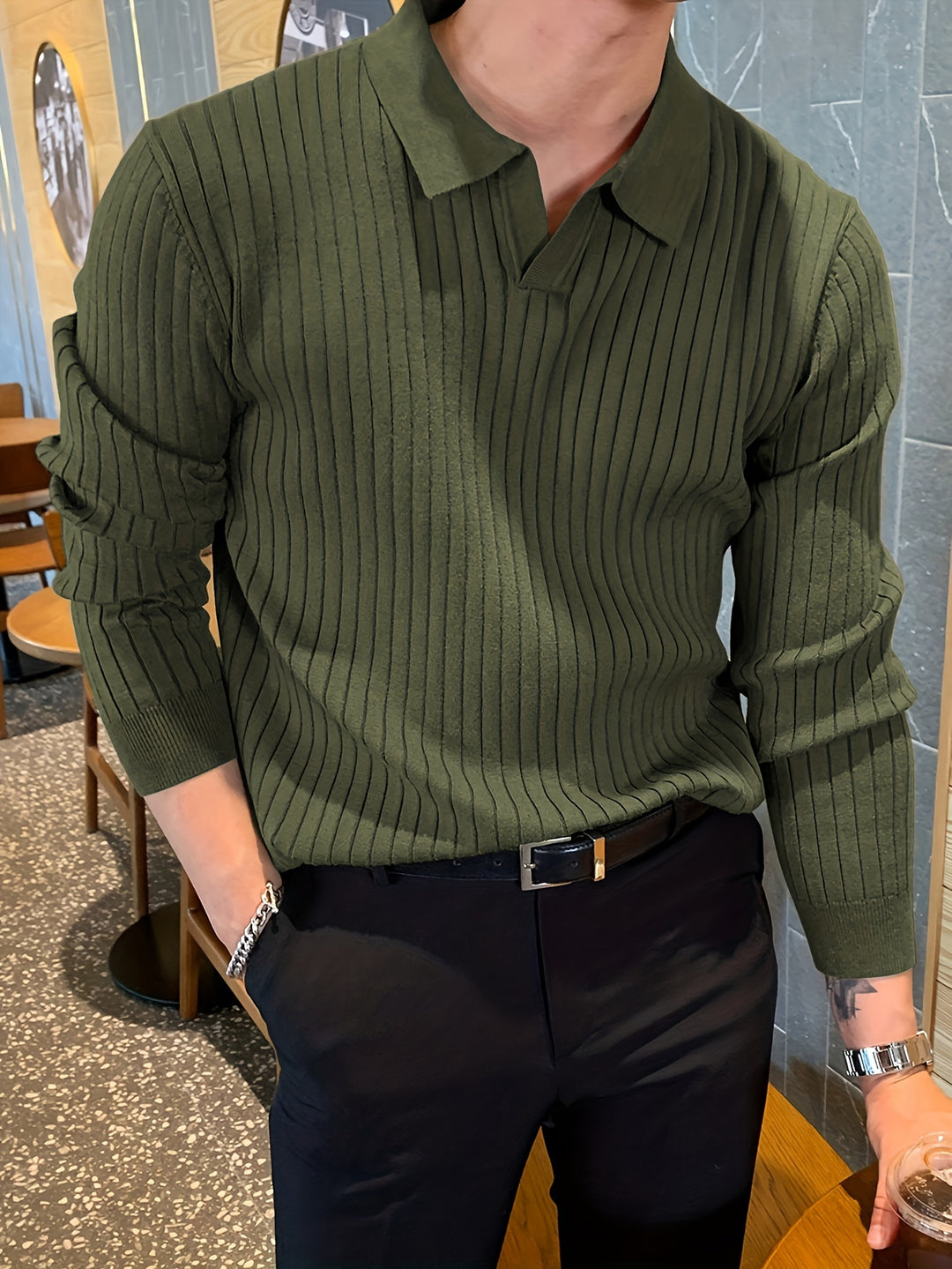 Man wearing polo collar knit jumper