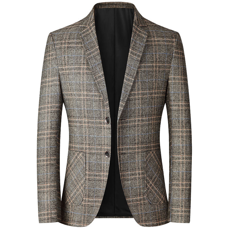 Front view of check two-button blazer