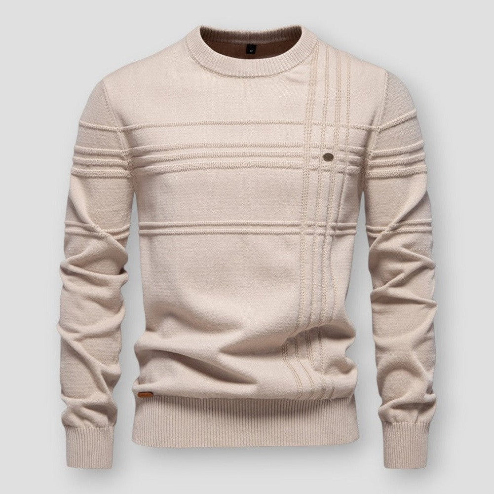 Beige crew neck sweater close-up
