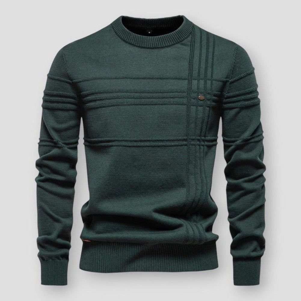 Green crew neck sweater on model