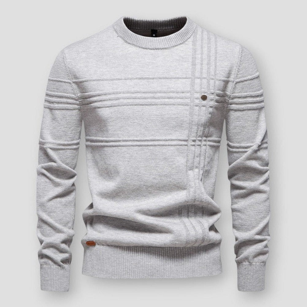 Light grey crew neck sweater detail shot