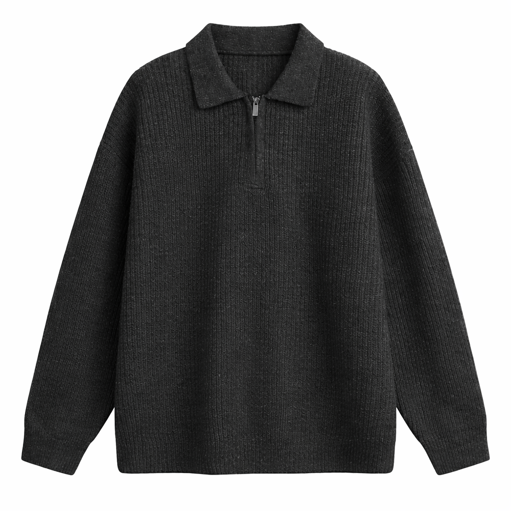 Close-up of ribbed collar and quarter-zip
