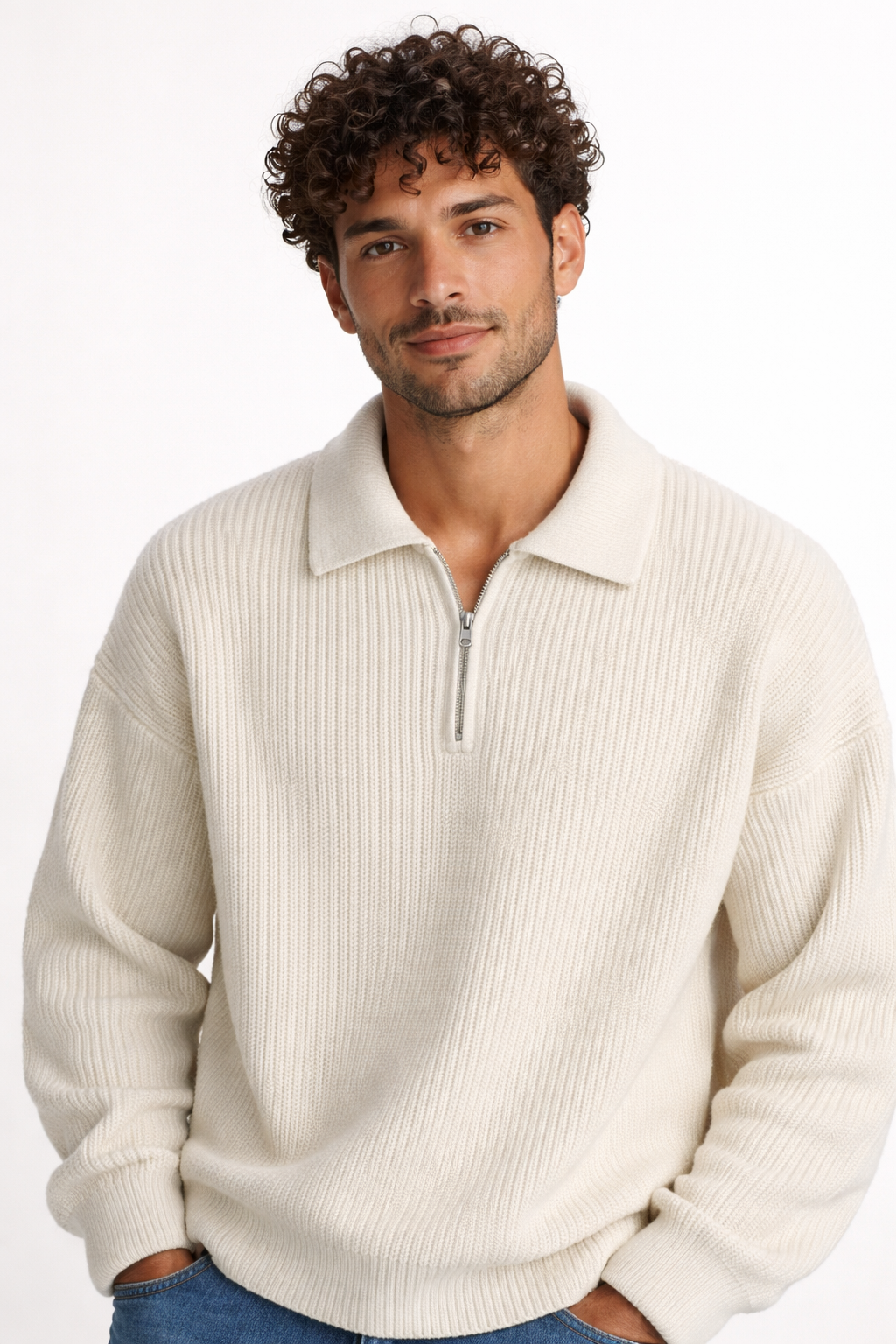 Model wearing quarter-zip knit jumper