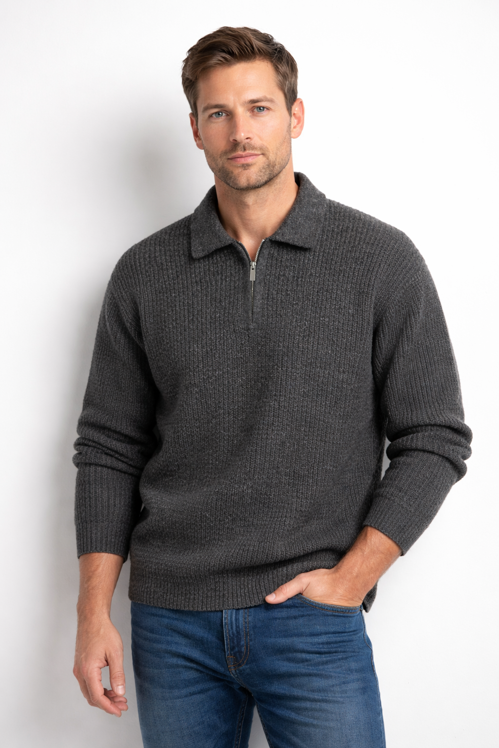 Quarter-zip jumper folded flat lay
