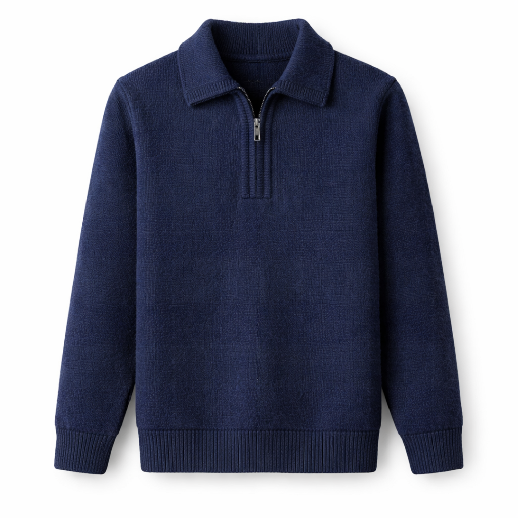 Close-up of ribbed knit texture and zip collar