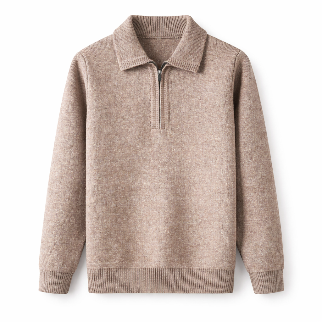 Quarter-zip jumper worn with jeans