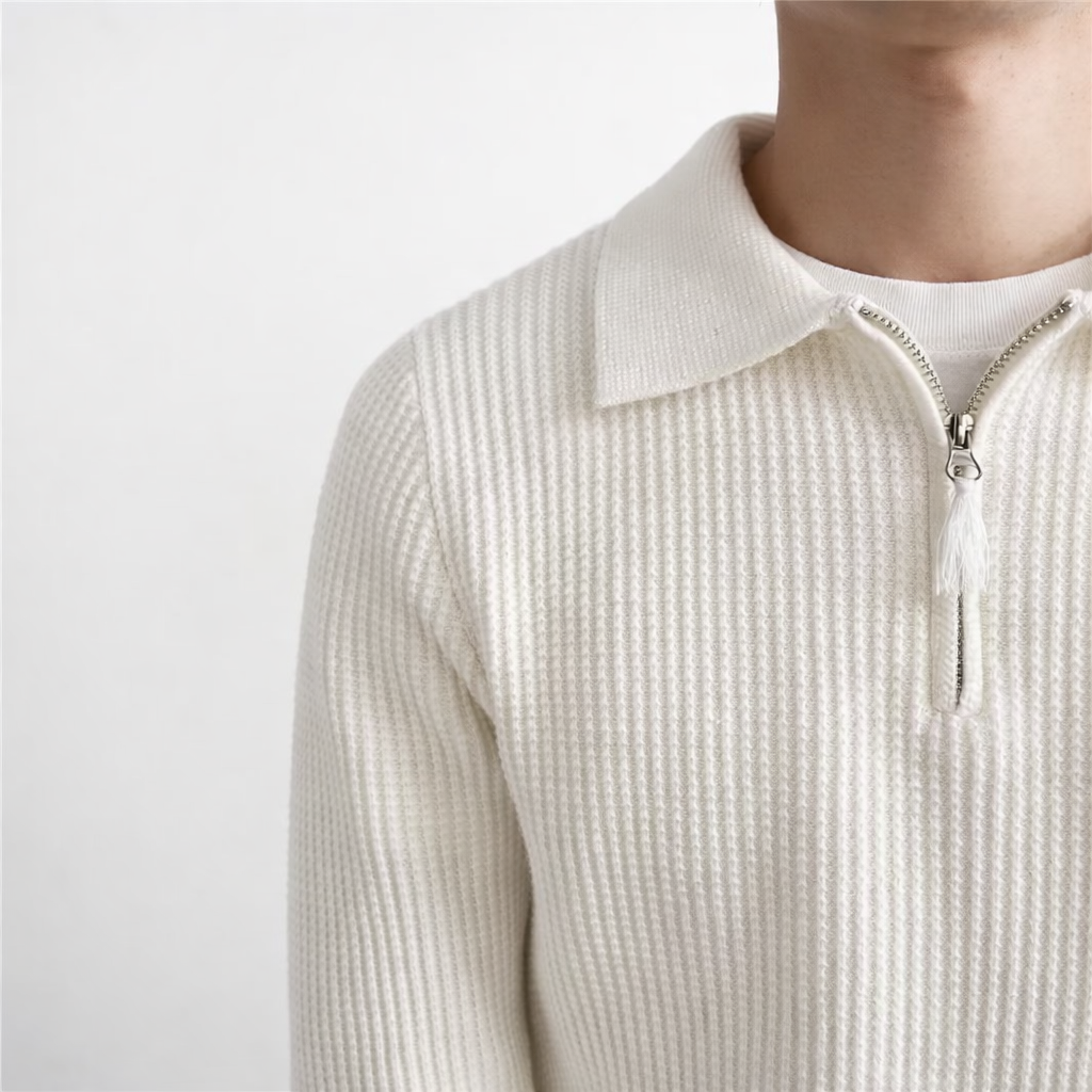 Ribbed knit jumper worn casually