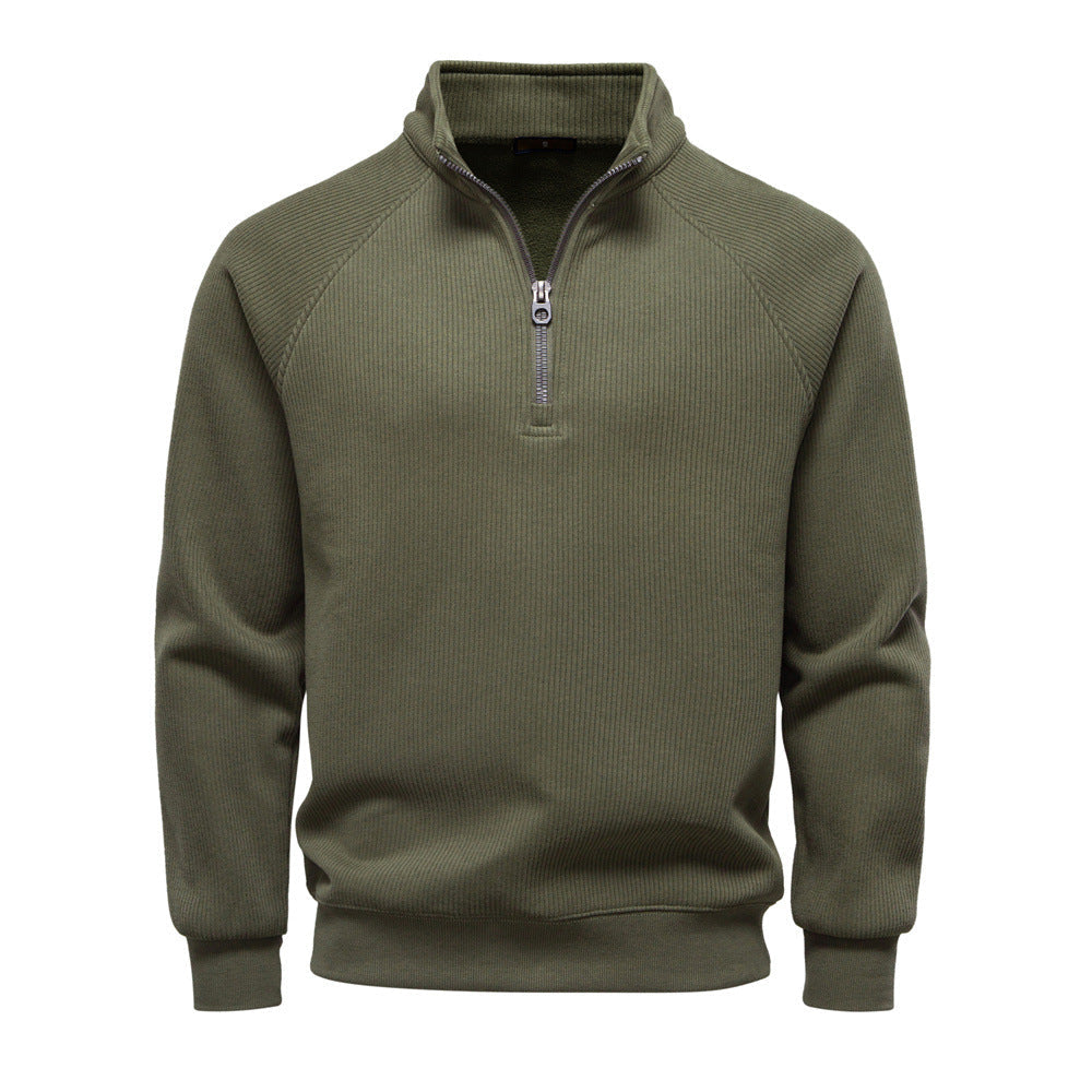 Model wearing quarter-zip jumper outdoors