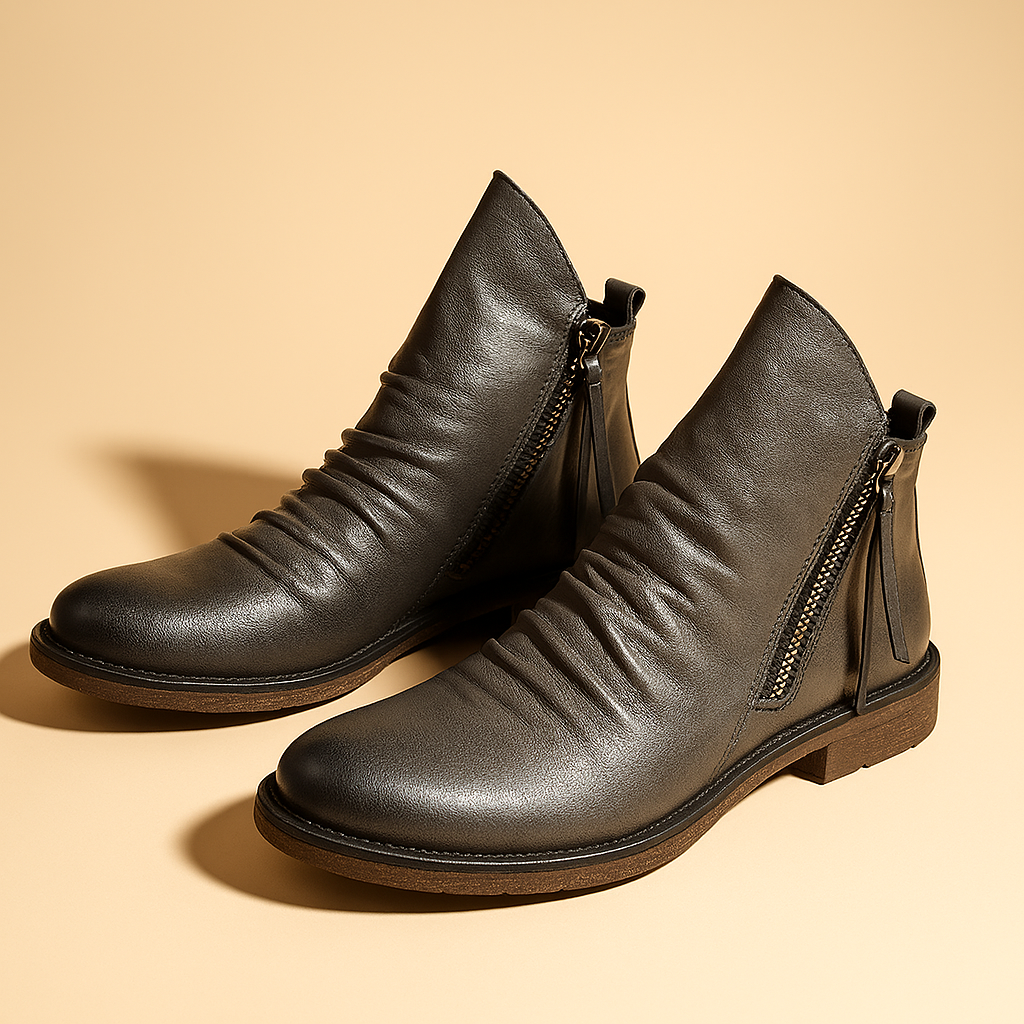Close-up of ankle boot zip and stitching