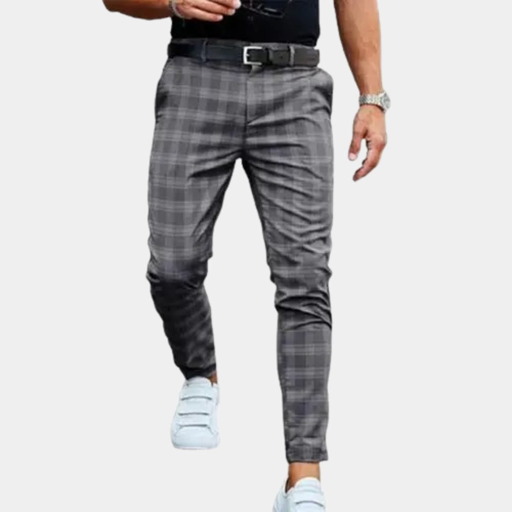 Grey checked trousers front view