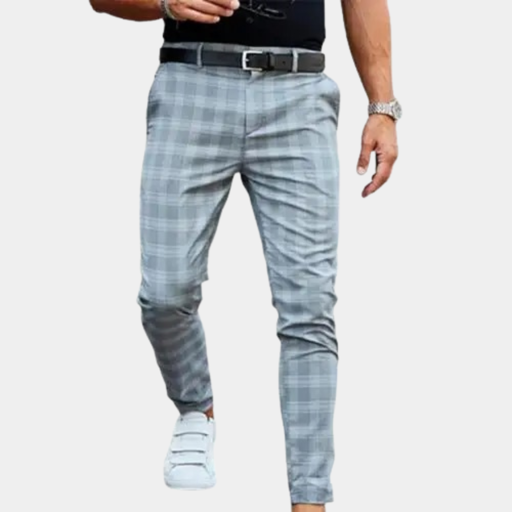Grey-blue checked trousers front view