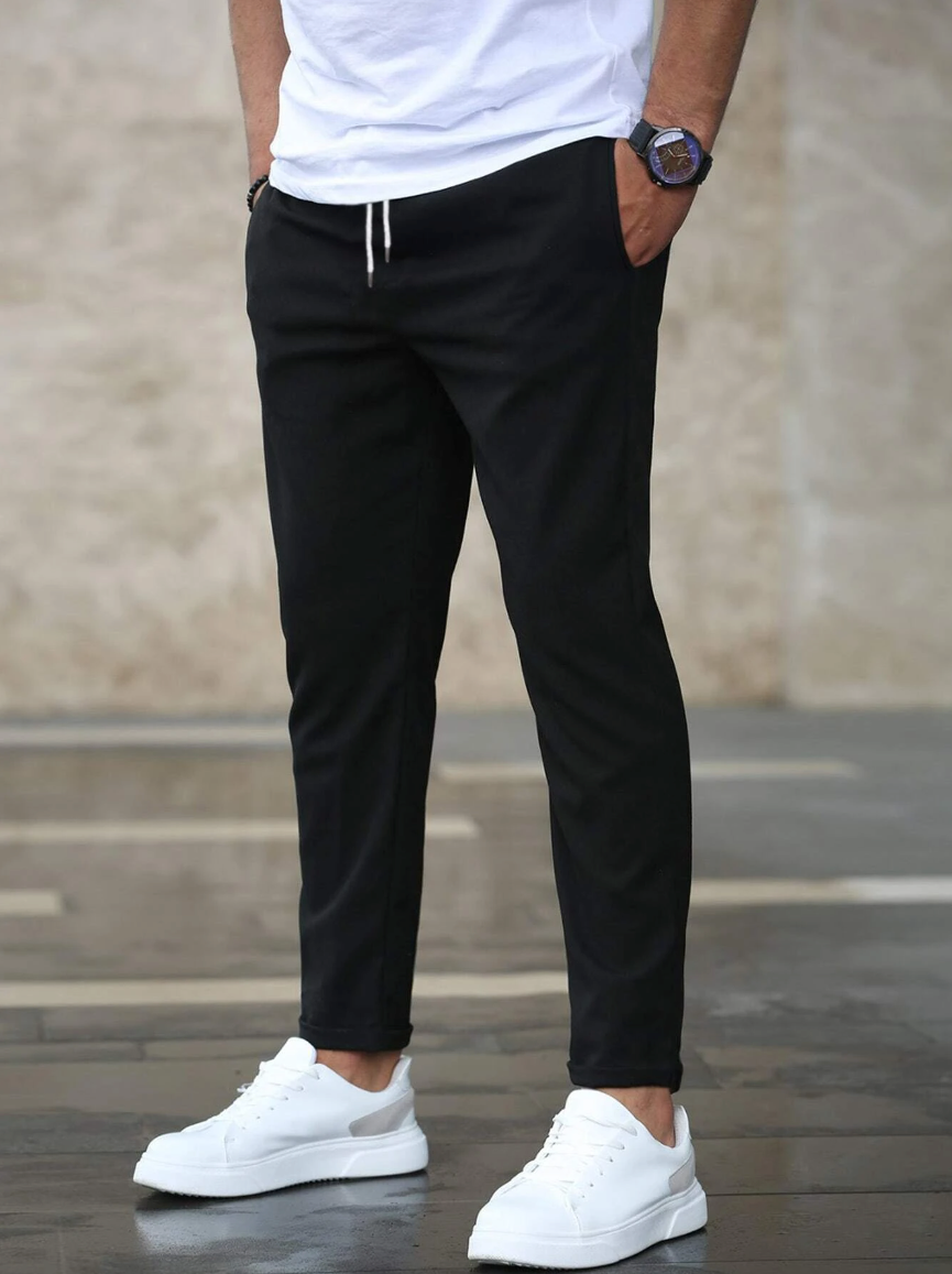 Full outfit view of slim fit joggers