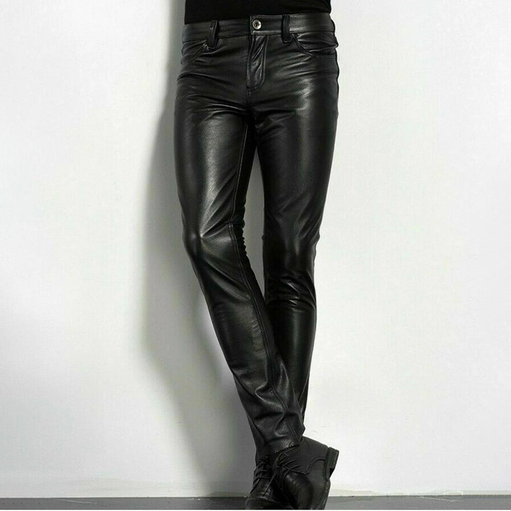 Black faux leather trousers close-up detail